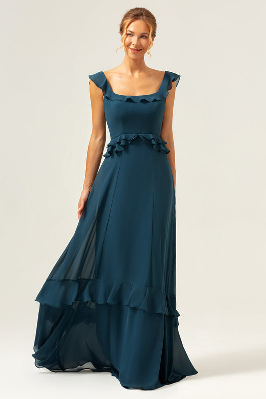 Dark Peacock Green Scoop Neck A-Line Long Bridesmaid Dress