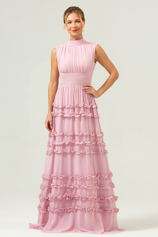 Blush Ruffled Chiffon Long Bridesmaid Dress with Open Back