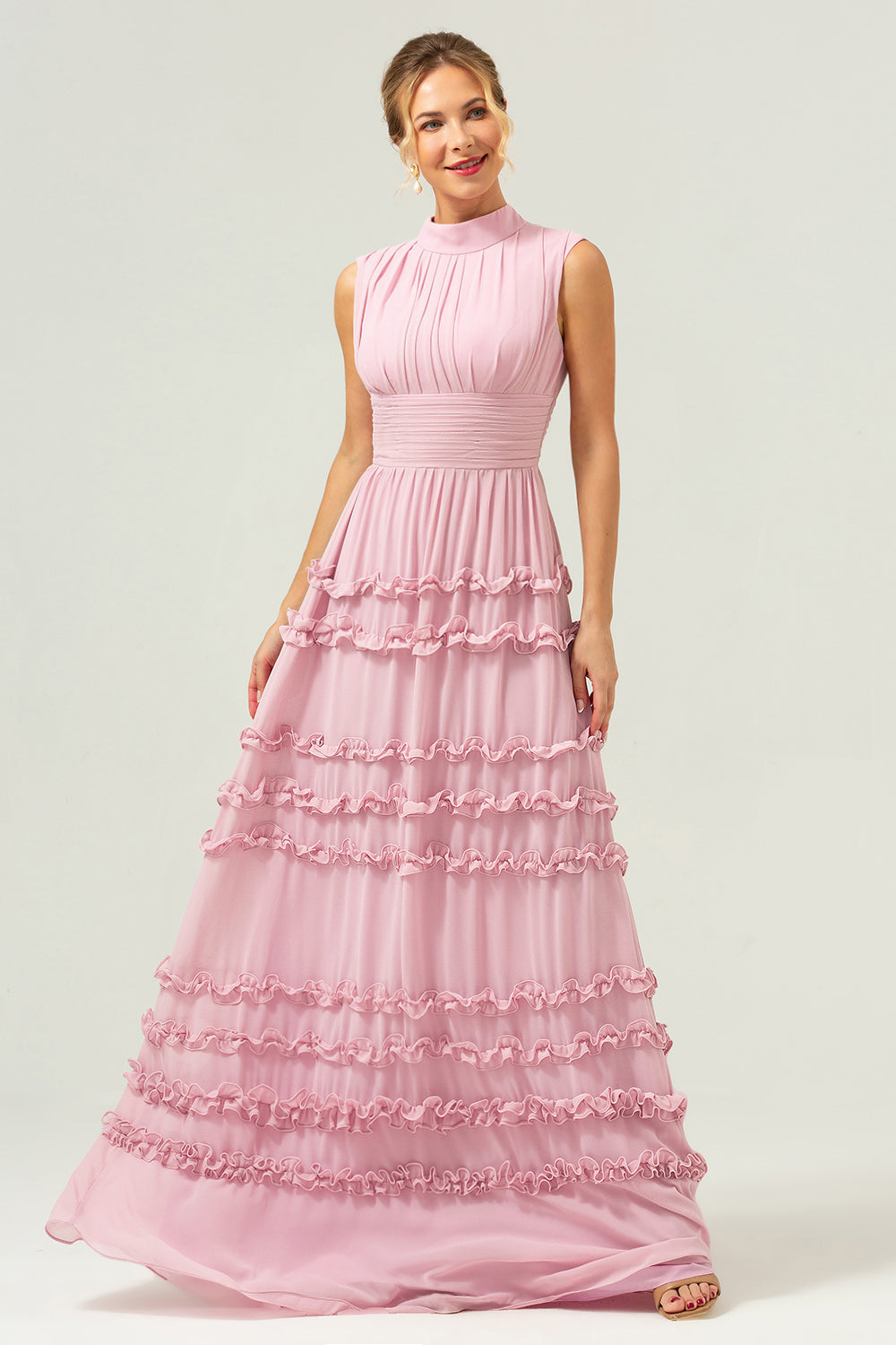 Blush Ruffled Chiffon Long Bridesmaid Dress with Open Back