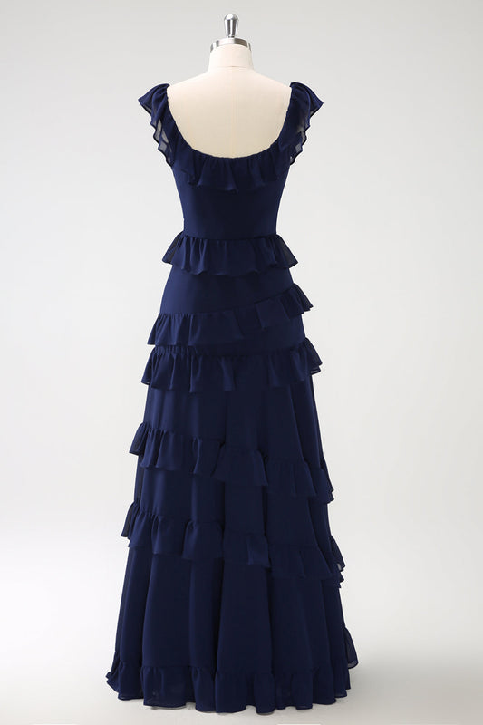 Dark Navy A-Line Tiered Chiffon Long Bridesmaid Dress