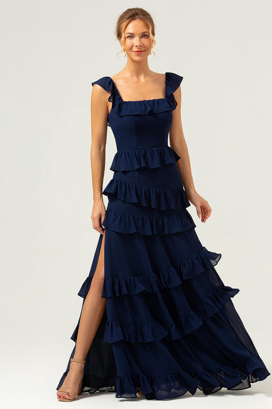 Dark Navy A-Line Ruffleed Chiffon Long Bridesmaid Dress with Slit