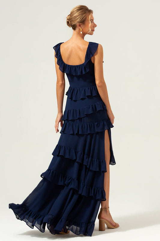 Dark Navy A-Line Ruffleed Chiffon Long Bridesmaid Dress with Slit