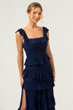 Dark Navy A-Line Ruffleed Chiffon Long Bridesmaid Dress with Slit