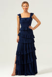 Dark Navy A-Line Ruffleed Chiffon Long Bridesmaid Dress with Slit