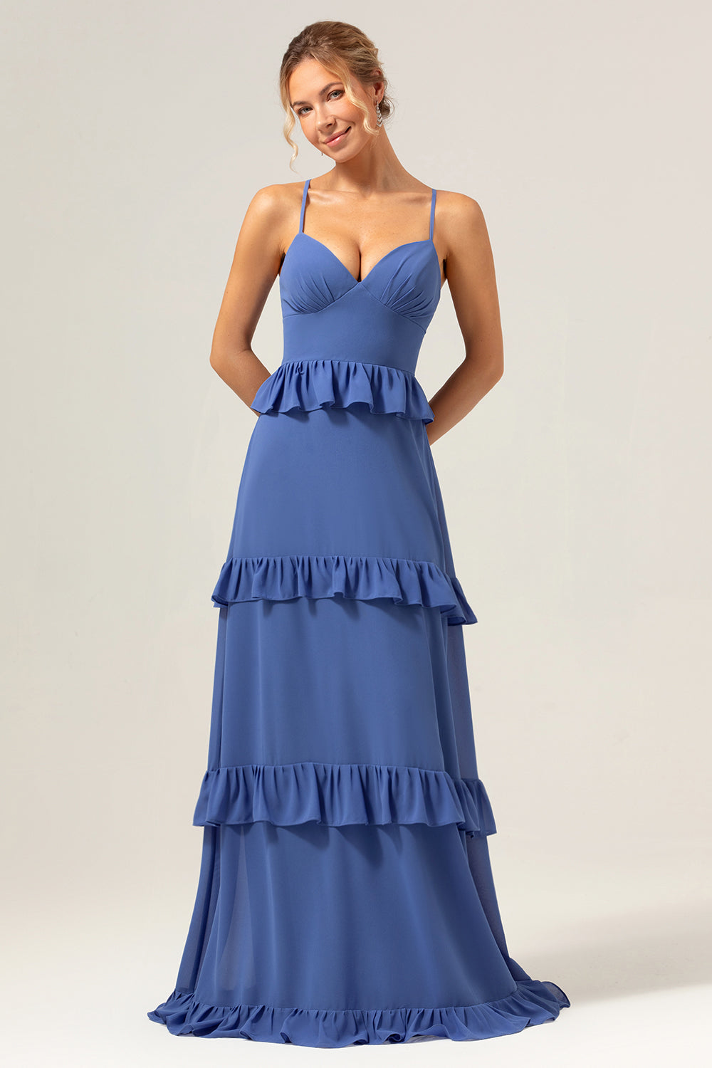 Spaghetti Straps Dark Blue Ruffled Long Bridesmaid Dress with Slit