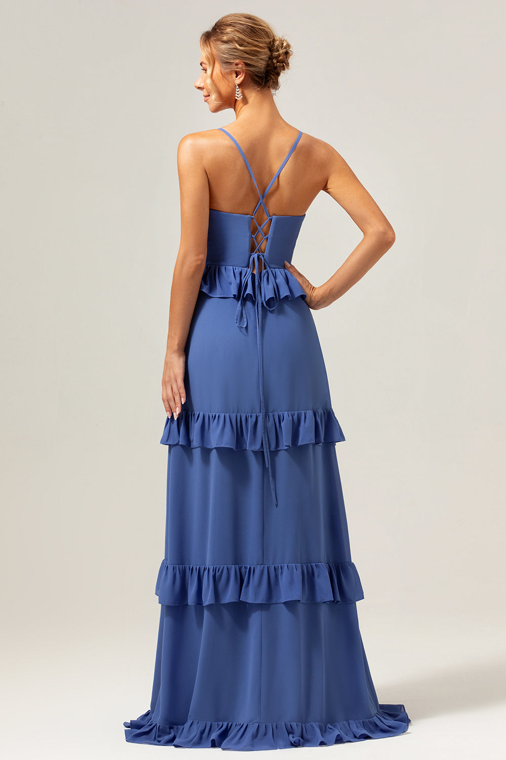 Spaghetti Straps Dark Blue Ruffled Long Bridesmaid Dress with Slit