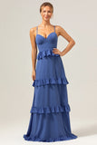 Spaghetti Straps Dark Blue Ruffled Long Bridesmaid Dress with Slit