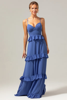 Spaghetti Straps Dark Blue Ruffled Long Bridesmaid Dress with Slit