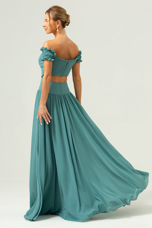 Eucalyptus Off The Shoulder Long Bridesmaid Dress