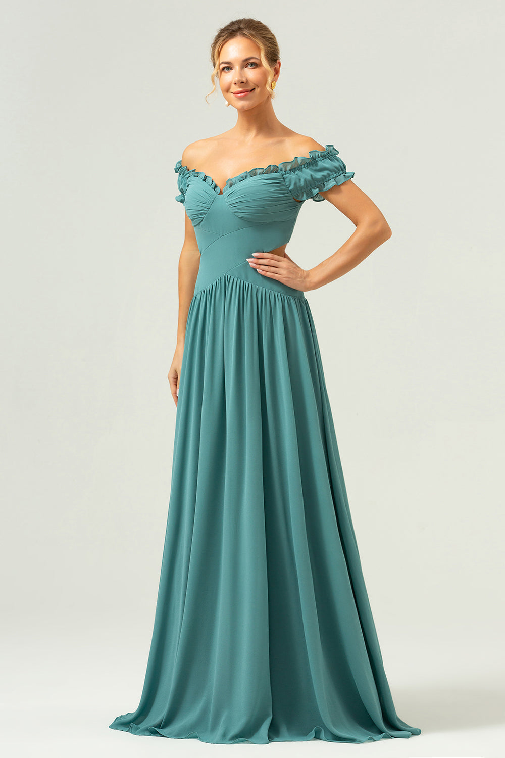 Eucalyptus Off The Shoulder Long Bridesmaid Dress