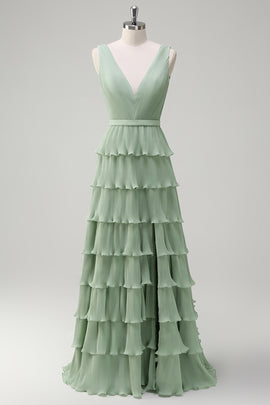 Dusty Sage Pleated Tiered A-Line Bridesmaid Dress with Slit