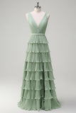 Dusty Sage Pleated Tiered A-Line Bridesmaid Dress with Slit