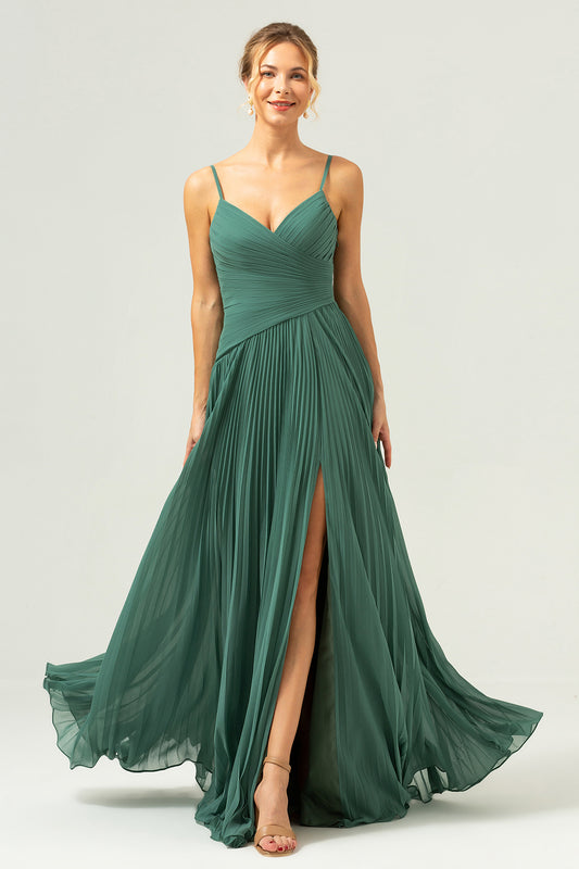 Eucalyptus Pleated Spaghetti Straps Long Bridesmaid Dress