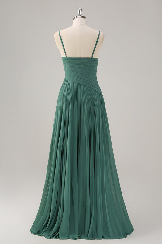 Eucalyptus A-Line Spaghetti Straps Pleated Chiffon Bridesmaid Dress with Slit