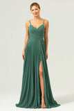 Eucalyptus Pleated Spaghetti Straps Long Bridesmaid Dress