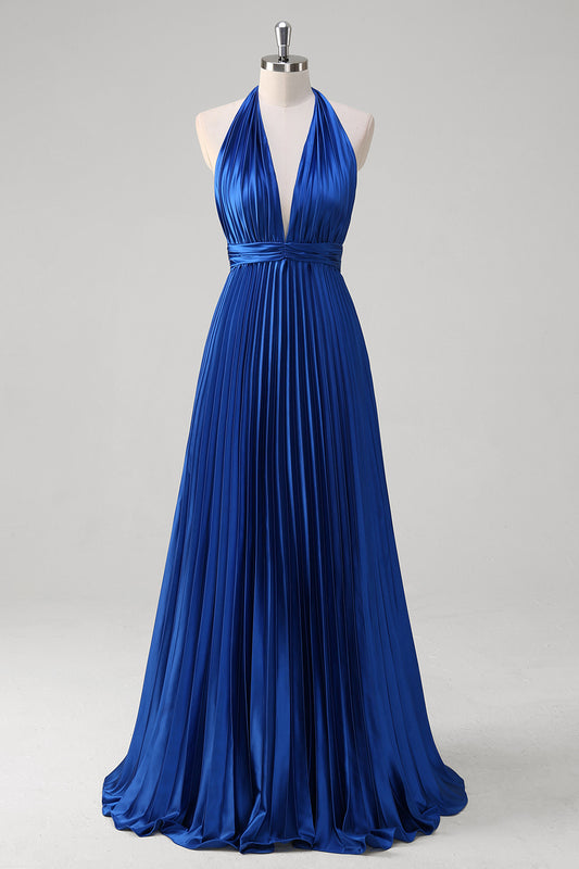 Royal Blue A-Line Halter Pleated Long Bridesmaid Dress