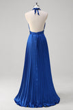 Royal Blue A-Line Halter Pleated Long Bridesmaid Dress