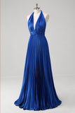 Royal Blue A-Line Halter Pleated Long Bridesmaid Dress