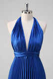 Royal Blue A-Line Halter Pleated Long Bridesmaid Dress