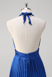 Royal Blue A-Line Halter Pleated Long Bridesmaid Dress