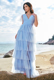 Grey Blue A-Line V Neck Tulle Long Tiered Bridesmaid Dress with Slit