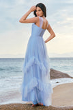 Grey Blue Corset Tulle Ruffled Long Bridesmaid Dress