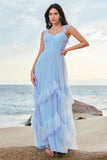 Grey Blue Corset Tulle Ruffled Long Bridesmaid Dress