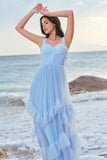 Grey Blue Corset Tulle Ruffled Long Bridesmaid Dress