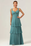 Eucalyptus A-Line Spaghetti Straps Chiffon Pleated Tiered Bridesmaid Dress