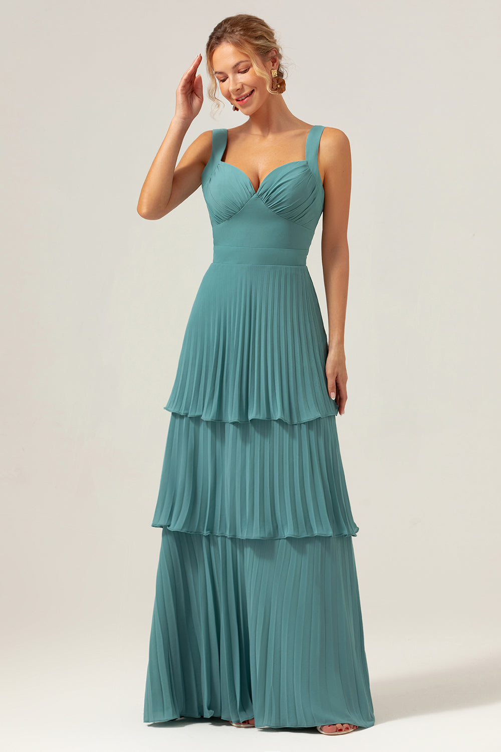 Eucalyptus A-Line Spaghetti Straps Chiffon Pleated Tiered Bridesmaid Dress