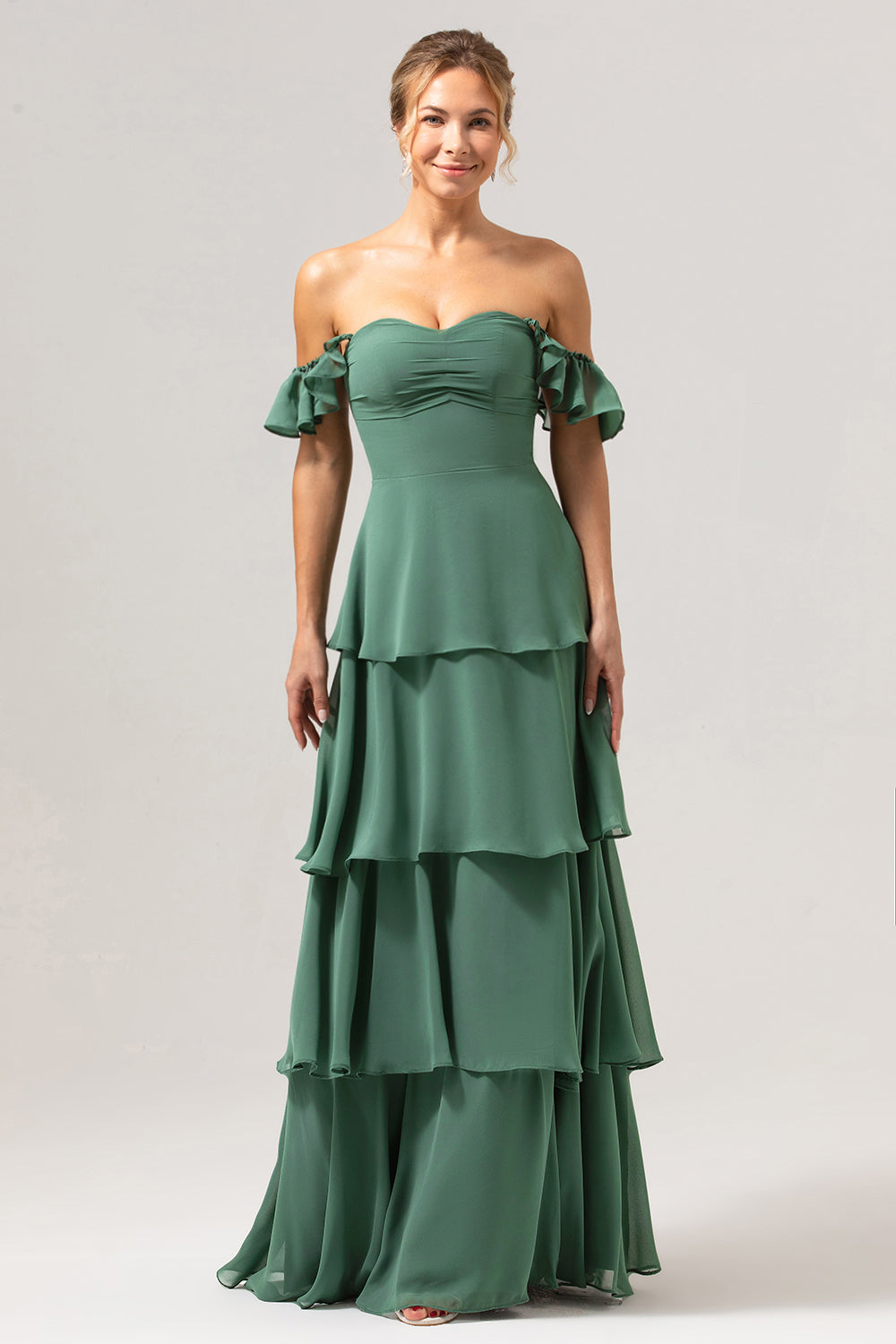 Off The Shoulder Eucalyptus Ruffled Long Bridesmaid Dress