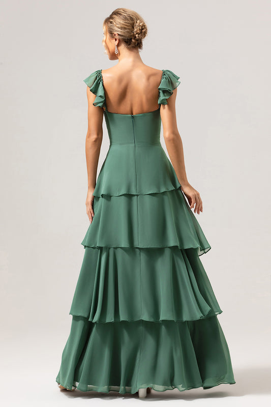 Off The Shoulder Eucalyptus Ruffled Long Bridesmaid Dress