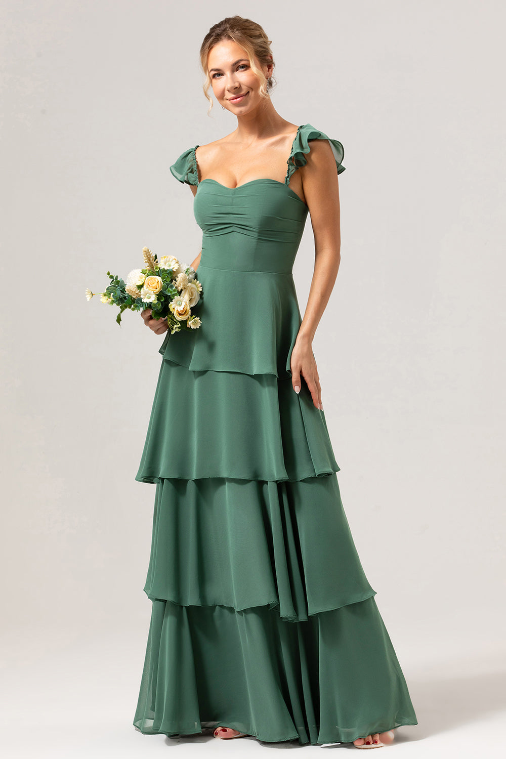 Off The Shoulder Eucalyptus Ruffled Long Bridesmaid Dress