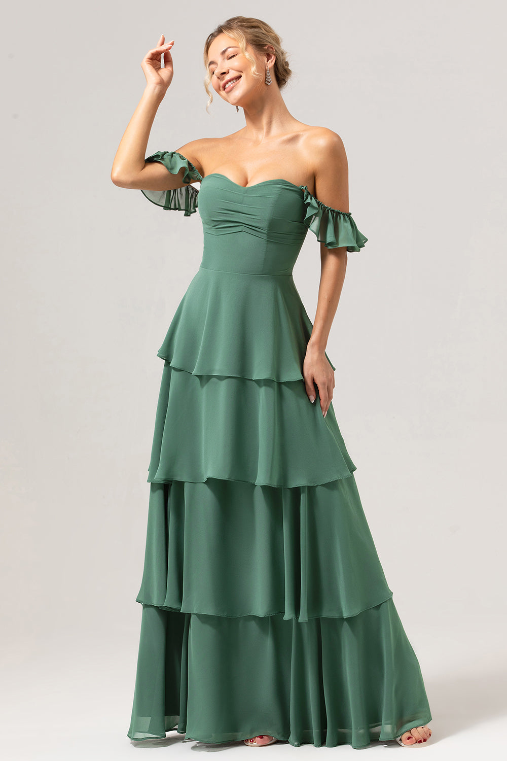 Off The Shoulder Eucalyptus Ruffled Long Bridesmaid Dress