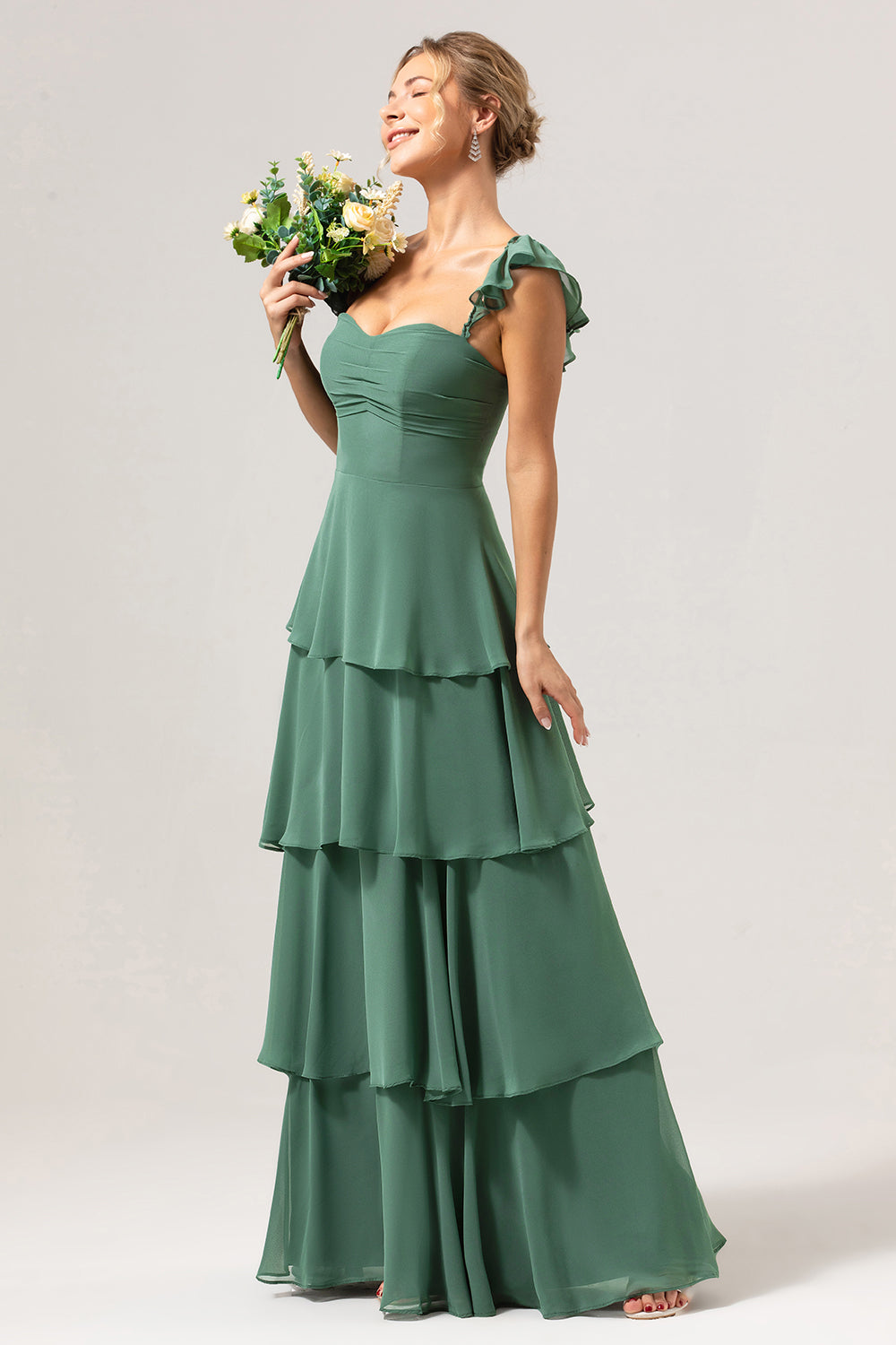 Off The Shoulder Eucalyptus Ruffled Long Bridesmaid Dress