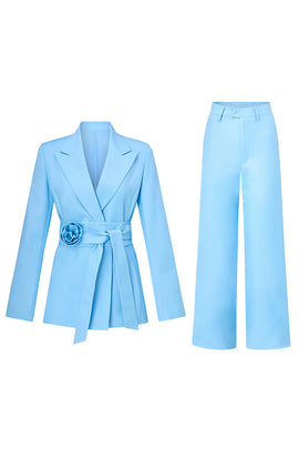 Blue Peak Lapel 2 Piece Women's Suits with Belt