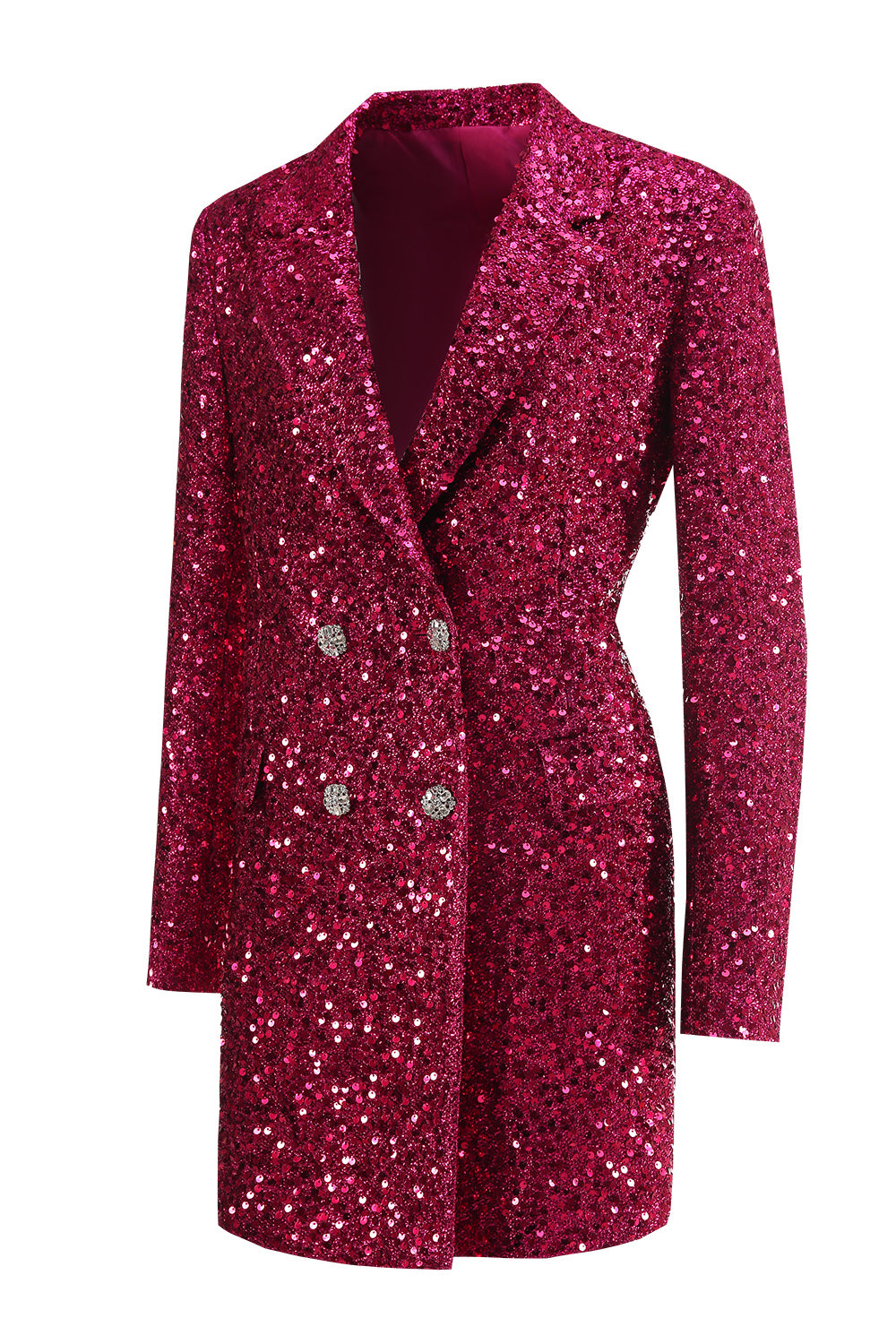 Sparkly Fuchsia Notched Lapel Women's Long Blazer