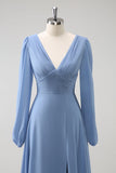 A Line Grey Blue V-Nack Chiffon Bridesmaid Dress with Long Sleeves