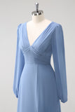 A Line Grey Blue V-Nack Chiffon Bridesmaid Dress with Long Sleeves