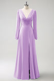 A Line Grey Blue V-Nack Chiffon Bridesmaid Dress with Long Sleeves