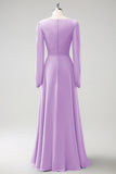 A Line Grey Blue V-Nack Chiffon Bridesmaid Dress with Long Sleeves