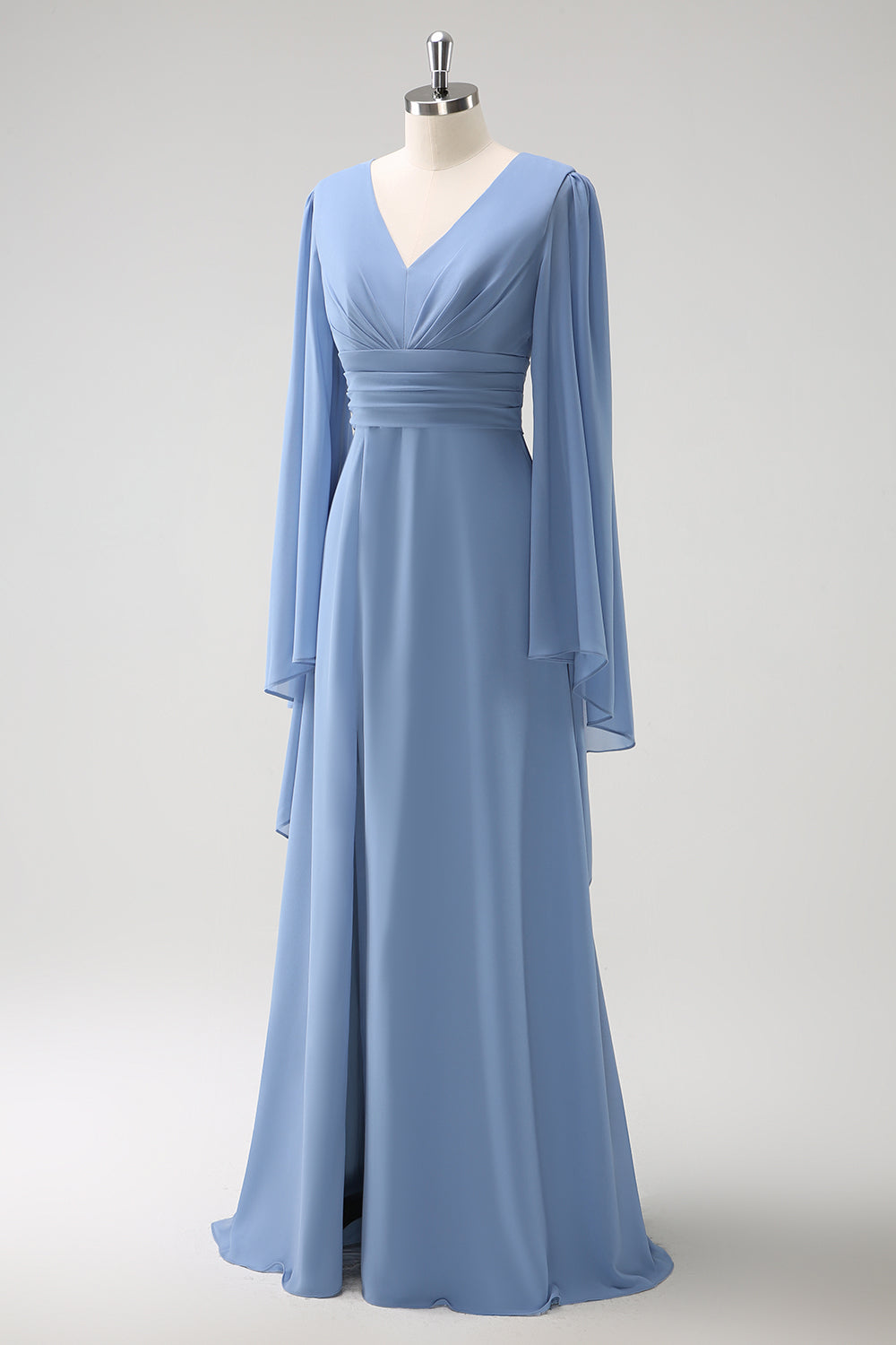 Grey Blue A Line Long Sleeves Chiffon Bridesmaid Dress with Slit