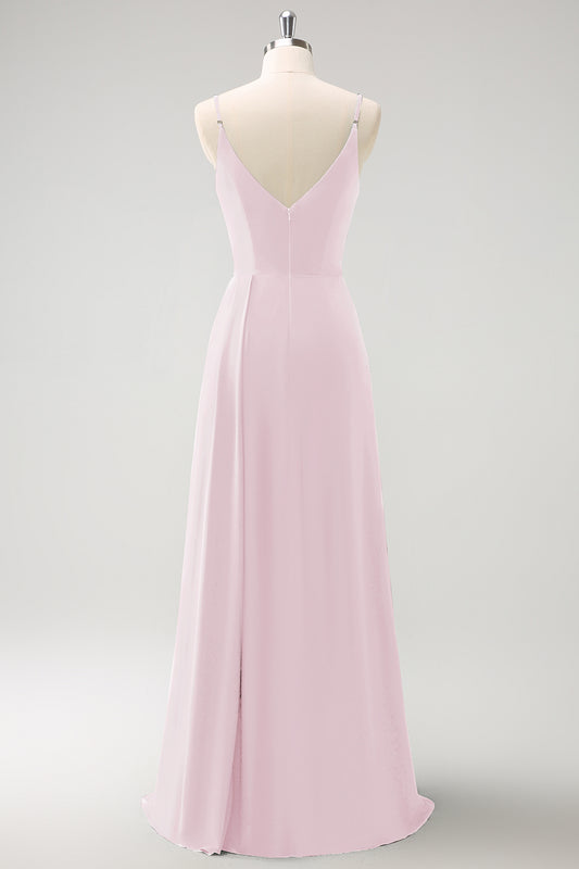 Blush Pink Spaghetti Straps Ruche Long Bridesmaid Dress with Slit