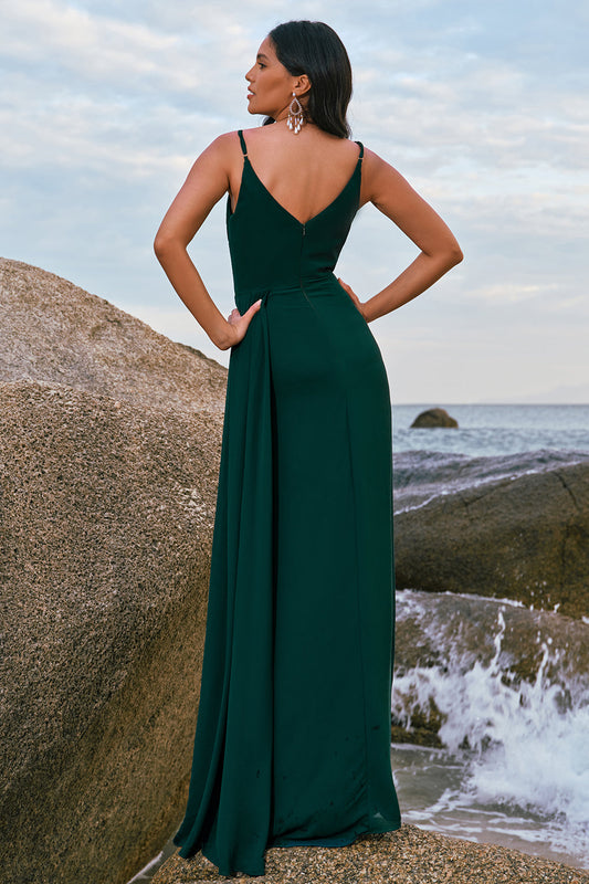 Dark Green A Line Spaghetti Straps Ruched Long Bridesmaid Dress with Slit