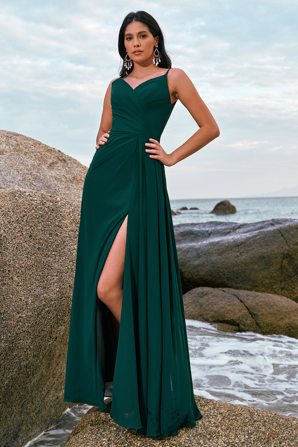 Dark Green A Line Spaghetti Straps Ruched Long Bridesmaid Dress with Slit