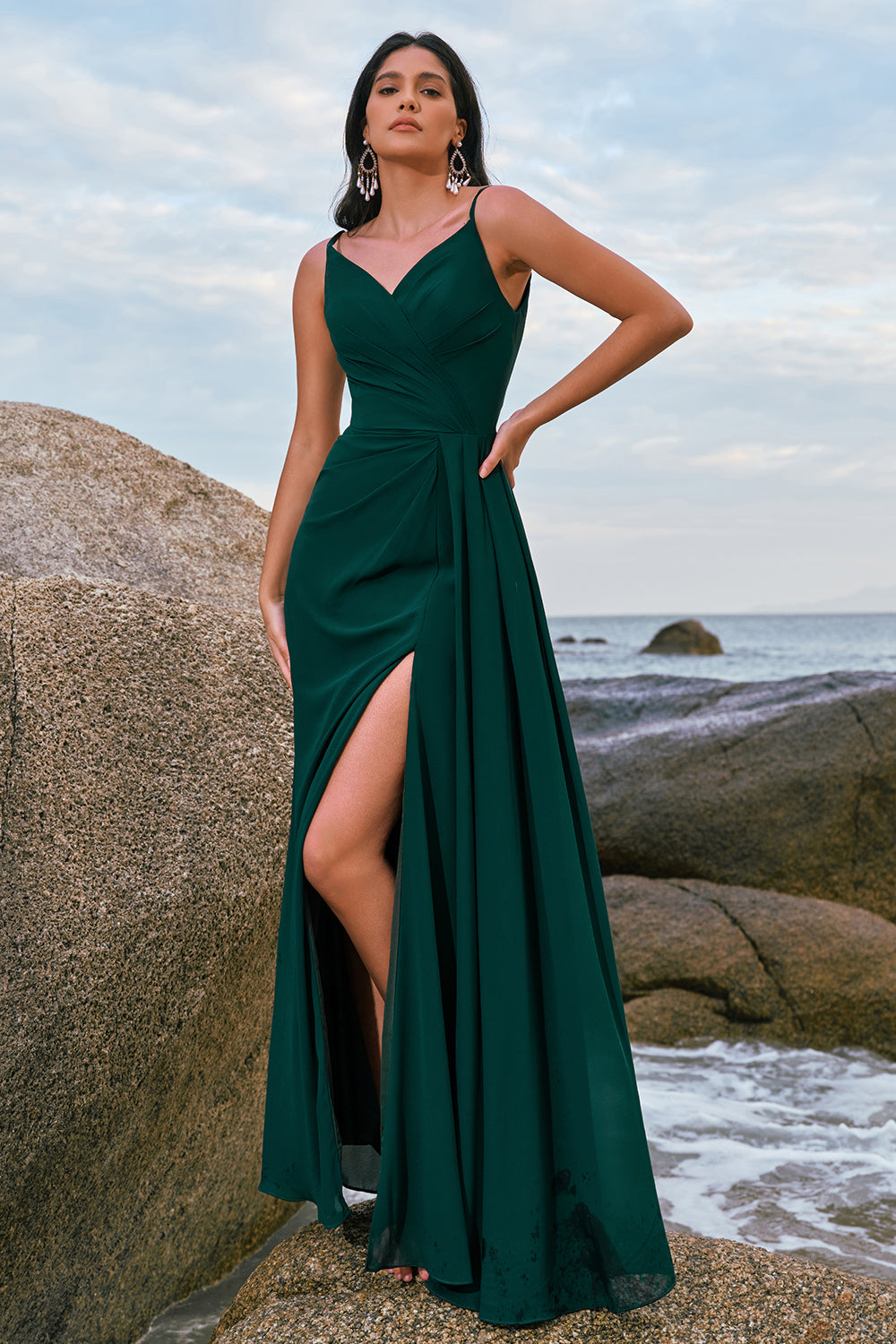 Dark Green Spaghetti Straps Ruche Long Bridesmaid Dress with Slit