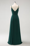 Dark Green A Line Spaghetti Straps Ruched Long Bridesmaid Dress with Slit