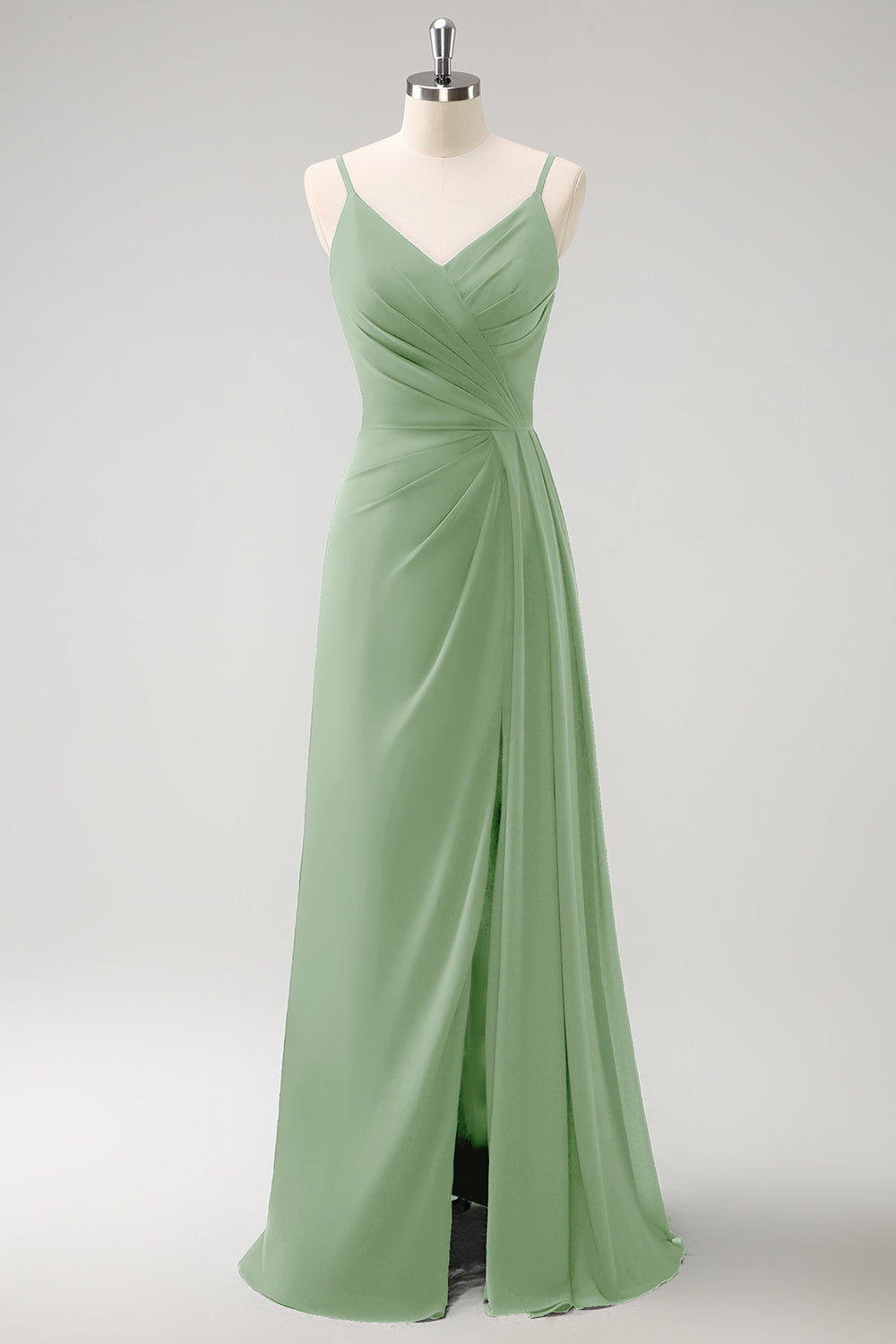 Dark Green Spaghetti Straps Ruche Long Bridesmaid Dress with Slit