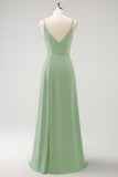 Dark Green Spaghetti Straps Ruche Long Bridesmaid Dress with Slit