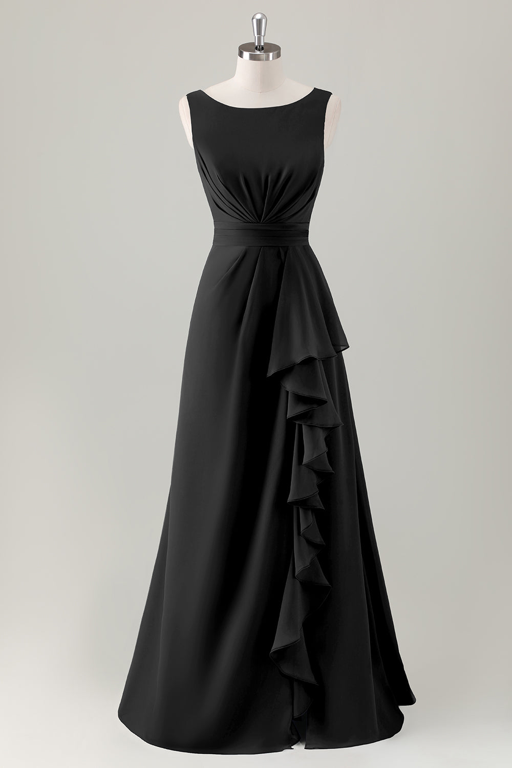 Champagne A-Line Ruffle Long Bridesmaid Dress with Slit